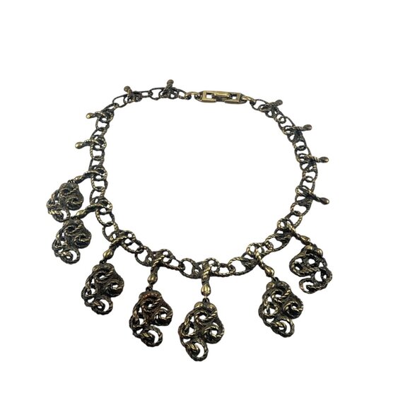 Vintage Brutalist Bronze Statement Necklace Textured Chain Dangle Pendant Choker - Picture 7 of 8